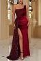 elegant non-stretch sequins velvet patchwork zip-up high slit maxi evening dress_Black_Rose Red