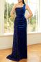 elegant non-stretch sequins velvet patchwork zip-up high slit maxi evening dress_Black_Rose Red_Dark Blue