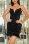 elegant non-stretch strapless sequins fuzzy zip-up slim mini evening dress_Black