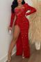 sexy plus size slight stretch sequins shoulder pad bodysuit high slit maxi dress_Black_Red