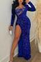sexy plus size slight stretch sequins shoulder pad bodysuit high slit maxi dress_Black_Red_Green_Blue