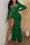 sexy plus size slight stretch sequins shoulder pad bodysuit high slit maxi dress_Black_Red_Green