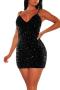 sexy plus size slight stretch solid color sequins sling slim zip-up mini dress_Black