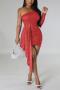 sexy plus size slight stretch 10 colors  sequin one shoulder slim mini dress_Black_White_Gray_Pink_Red