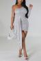sexy plus size slight stretch 10 colors  sequin one shoulder slim mini dress_Black_White_Gray
