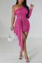 sexy plus size slight stretch 10 colors  sequin one shoulder slim mini dress_Black_White_Gray_Pink_Red_Magenta