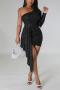 sexy plus size slight stretch 10 colors  sequin one shoulder slim mini dress_Black