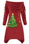 christmas plus size slight stretch christmas tree print drawstring midi dress_Black_Gray_Red
