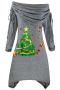 christmas plus size slight stretch christmas tree print drawstring midi dress_Black_Gray