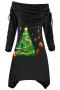 christmas plus size slight stretch christmas tree print drawstring midi dress_Black