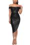sexy plus size slight stretch 14 colors sequin decor off shoulder midi dress_Black