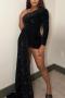 sexy plus size slight stretch solid color sequins slim one shoulder mini dress_Black