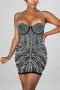 sexy plus size slight stretch underwire rhinestone pearl slim sling mini dress_Black