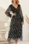 elegant plus size non-stretch sequins tassel v-neck long sleeve midi dress_Black
