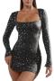 sexy slight stretch 5 colors rhinestone decor square neck mini dress_Black