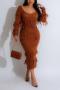 sexy plus size slight stretch solid color tassel pocket knitted midi dress_Black_Magenta_Beige_Brown