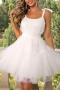 elegant non-stretch solid color sling mesh mini dress_Black_White