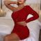 sexy slight stretch solid one shoulder hollow slim zip-up sequins mini dress_Black_Pink_Red