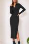 stylish casual solid color stretch buttons slim ribbed knit split midi dress_Black