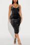 sexy slight stretch 3 colors velvet solid color sling slim midi dress_Black