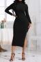 sexy slight stretch 3 colors high slit slim midi dress_Black