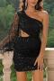 sexy slight stretch one-shoulder sequins tassel hollow slim mini dress_Black