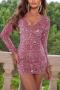 sexy slight stretch sequins slim long sleeve v-neck mini dress_Black_Pink