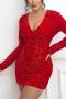 sexy slight stretch sequins slim long sleeve v-neck mini dress_Black_Pink_Red
