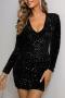 sexy slight stretch sequins slim long sleeve v-neck mini dress_Black