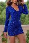 sexy slight stretch sequins slim long sleeve v-neck mini dress_Black_Pink_Red_Blue