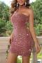 sexy slight stretch 7-colors solid color slim sequins zip-up mini dress_Black_Pink