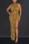 sexy plus size slight stretch rhinestone decor slit maxi dress(with panties)_Black_Gold