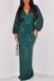sexy plus size slight stretch solid sequins deep v zip-up maxi dress_Black_Green