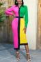 casual plus size slight stretch contrast color lapel button midi dress_Magenta