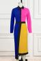 casual plus size slight stretch contrast color lapel button midi dress_Magenta_Blue