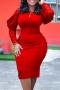 sexy plus size slight stretch stitching lace crew neck slim slit midi dress_Black_Red