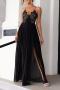 sexy non-stretch sling lace slit pleated zip-up maxi dress_Black