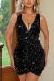 sexy slight stretch solid color sequins deep v slim mini dress_Black