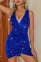 sexy slight stretch solid color sequins deep v slim mini dress_Black_Pink_Dark Green_Blue