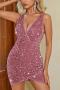 sexy slight stretch solid color sequins deep v slim mini dress_Black_Pink