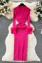 sexy high stretch solid color knitted slim feather sleeve midi dress_Black_White_Pink_Magenta
