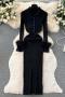 sexy high stretch solid color knitted slim feather sleeve midi dress_Black