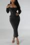 sexy plus size slight stretch 4 colors square neck slit slim midi dress_Black