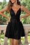 elegant non-stretch solid color sling sequins zip-up mini dress_Black