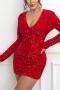sexy slight stretch solid color tight sequins zip-up long sleeve mini dress_Gray_Pink_Red
