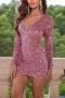 sexy slight stretch solid color tight sequins zip-up long sleeve mini dress_Gray_Pink