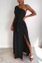 elegant non-stretch simple solid color one-shoulder slit maxi dress_Black