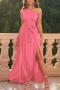 elegant non-stretch simple solid color one-shoulder slit maxi dress_Black_Pink