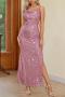 elegant slight stretch solid color sling sequins slit maxi dress_Black_Pink