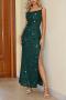 elegant slight stretch solid color sling sequins slit maxi dress_Black_Pink_Dark Green